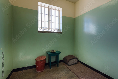 Cell of Nelson Mandela at the Robben Island Prison in South Africa; Robben Island, Cape Town, Western Cape, South Africa