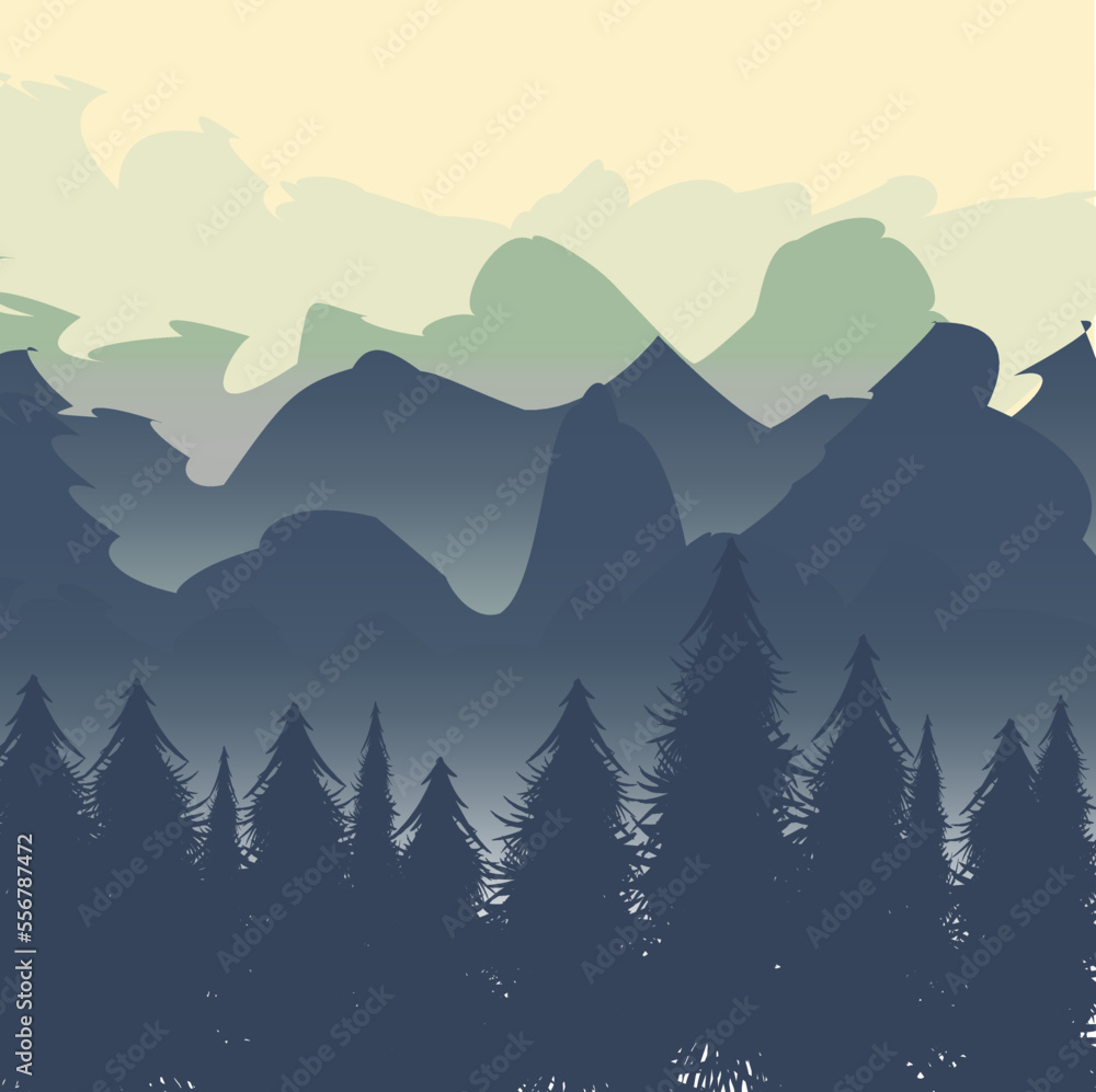 Fototapeta premium Vector morning in misty mountains