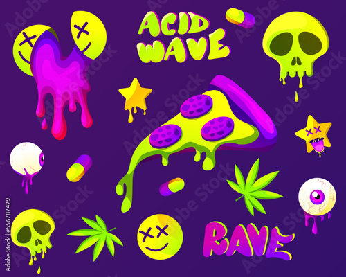 Rave trip collection with psychedelic stickers. Psychedelic acid elements andcharacters. mouth with tongue and UFO, eye, mushrooms, pills, pizza acid backgrounds.