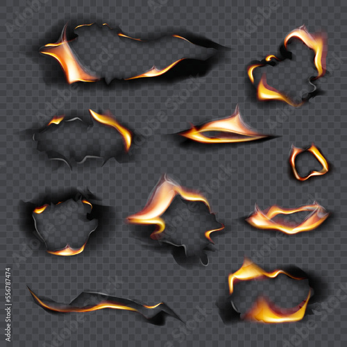Burning holes, fire flames. Realistic burnt paper. Burned paper realistic fire flame isolated page sheet torn ash vector illustration