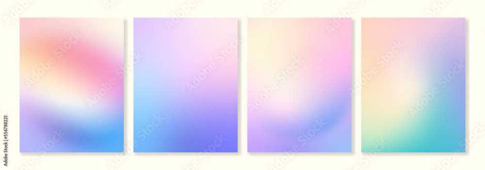 Set of 4 colorful grainy gradients backgrounds. For covers, wallpapers, branding and other projects. You can use a grainy texture for each of the gradients. Vector, can be used for printing.