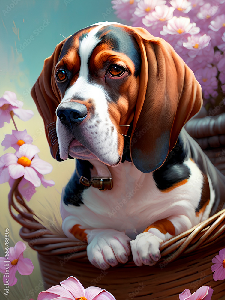 adorable beagle puppy sits in flowers and a wicker basket.