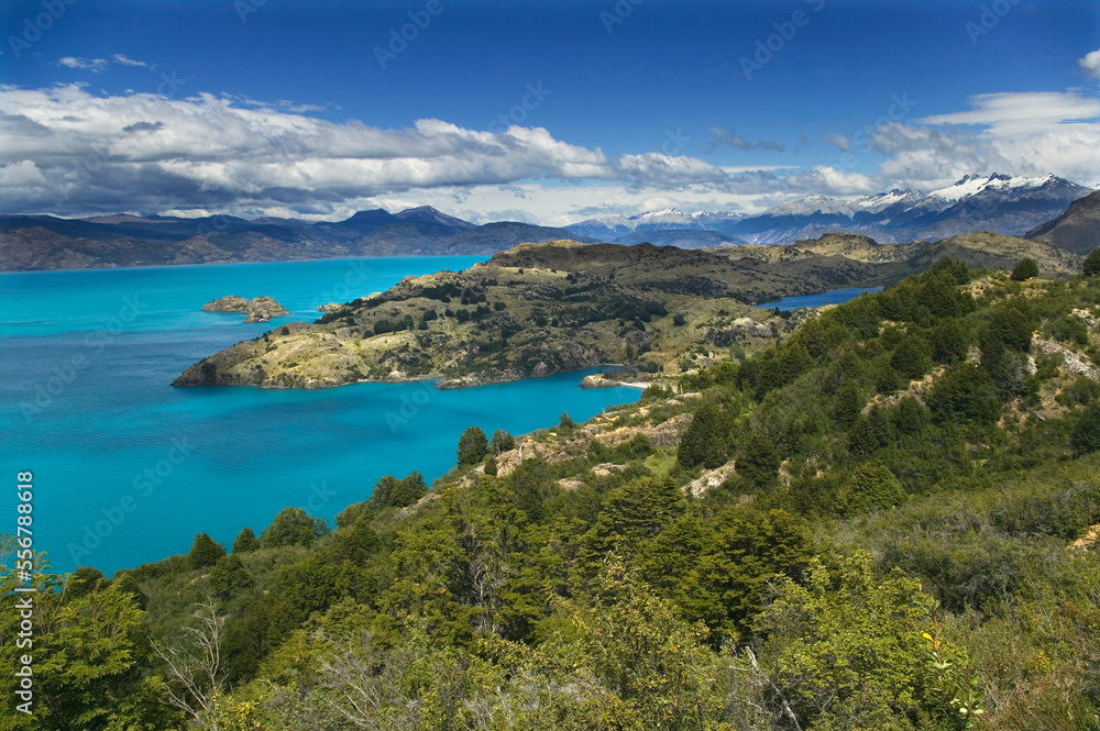 View across Lago General Carrera to mountains and glaciers of the Campo de Hielo Norte, near Puerto Rio Tranquilo along Carretera Austral in Chile; Patagonia, Chile View across Lago General Carrera to mountains and glaciers of the Campo de Hielo Norte, near Puerto Rio Tranquilo along Carretera Austral in Chile; Patagonia, Chile