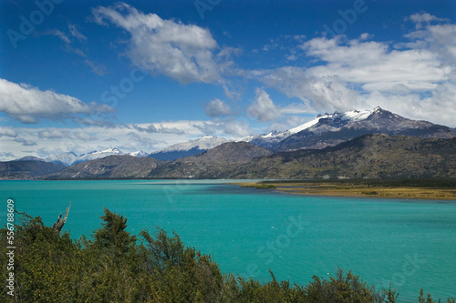 View across Lago General Carrera to mountains and glaciers of the Campo de Hielo Norte, near Puerto Rio Tranquilo along Carretera Austral in Chile; Patagonia, Chile