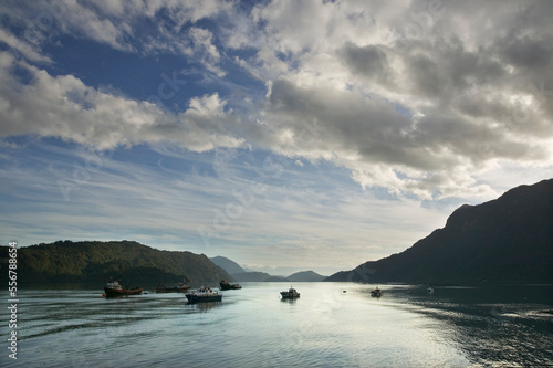 Harbour scene at Hornopiren, an inlet off the  Gulf of Ancud, Patagonia, Chile; Hornopiren, Patagonia, Chile photo