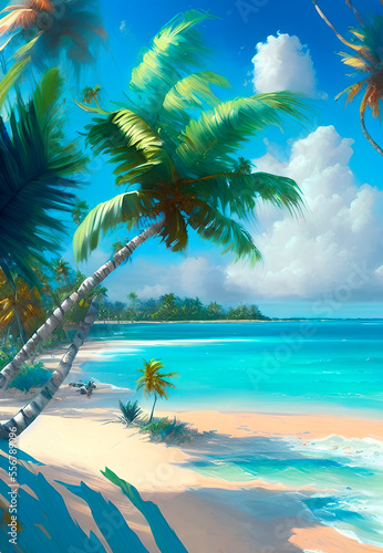 dazzling ocean front view, sea beach. White sand, blue ocean and palm trees