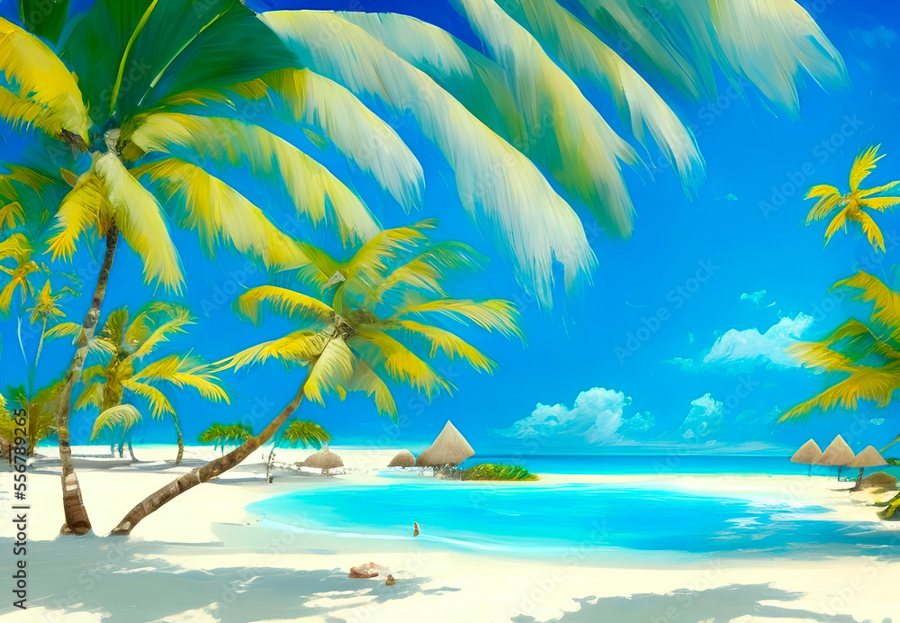 dazzling ocean front view,  sea beach. White sand, blue ocean and palm trees