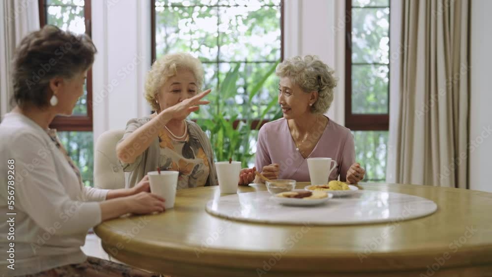 Happy senior friends talking and drinking coffee,4K Happy senior friends talking and drinking coffee,4K