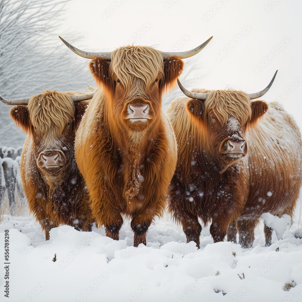 Highland cattle in the snow - Created with generative AI technology - obrazy, fototapety, plakaty 