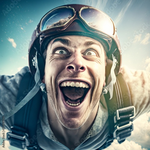 Fototapeta happy man skydiving, close-up face, parachutist's face skydiving, skydiver's fac