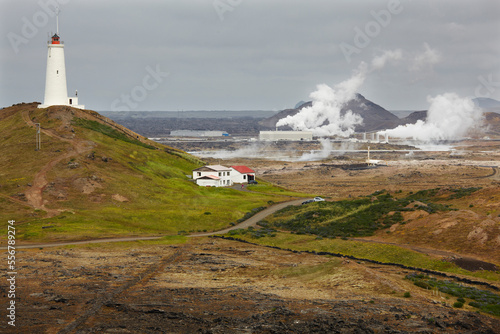 The lava fields and geothermal plant of Gunnuhver, southwest Iceland.; Reykjanesviti lighthouse, Grindavik, Reykjanes peninsula, Iceland. photo