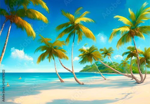 dazzling ocean front view   sea beach. White sand  blue ocean and palm trees