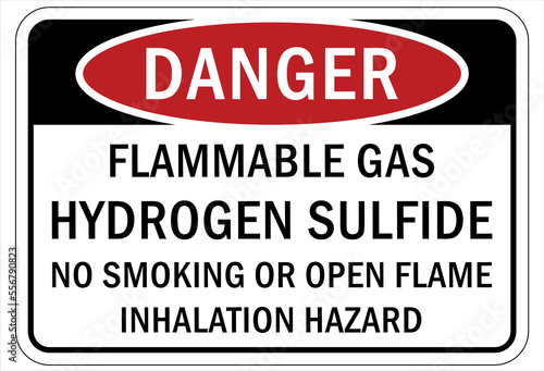 Fire hazard, flammable gas sign and labels hydrogen sulfide no smoking or open flame inhalation hazard