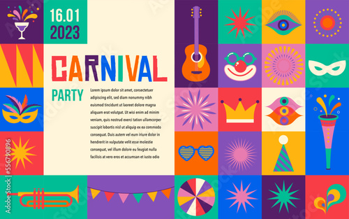 Happy Carnival, colorful geometric background with splashes, speech bubbles, masks and confetti 