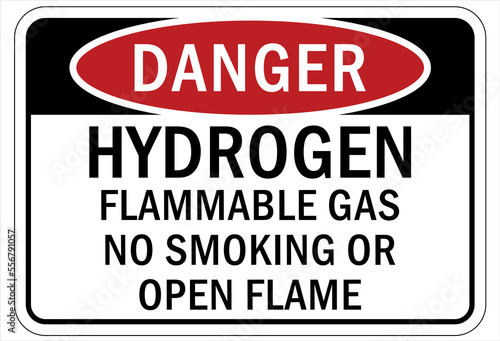 Fire hazard, flammable gas sign and labels hydrogen no smoking or open flame