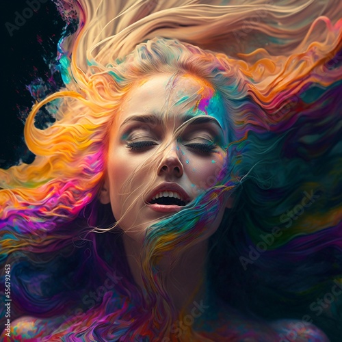 Girl (Woman) in colored paints, explosion of colors, many different colors, colorized - Generative AI