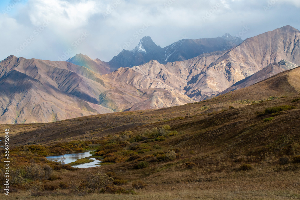 Brilliant rainbow and a cloudy sky with rugged mountain peaks near Sable Pass; Denali National Park and Preserve, Interior Alaska, Alaska, United States of America Brilliant rainbow and a cloudy sky with rugged mountain peaks near Sable Pass; Denali National Park and Preserve, Interior Alaska, Alaska, United States of America