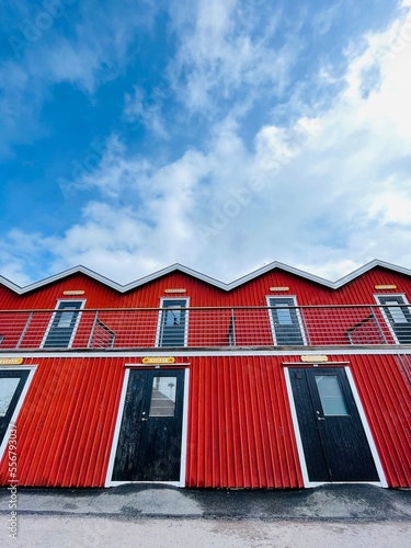 A view of red wooden houses on Donso Archipelago island . photo