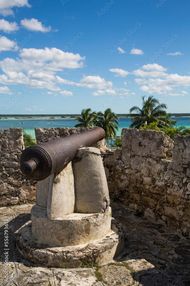 Colonial Cannon, Fort de San Felipe, founded 1725, Bacalar, Mexico; Bacalar, Quintana Roo, Mexico Colonial Cannon, Fort de San Felipe, founded 1725, Bacalar, Mexico; Bacalar, Quintana Roo, Mexico