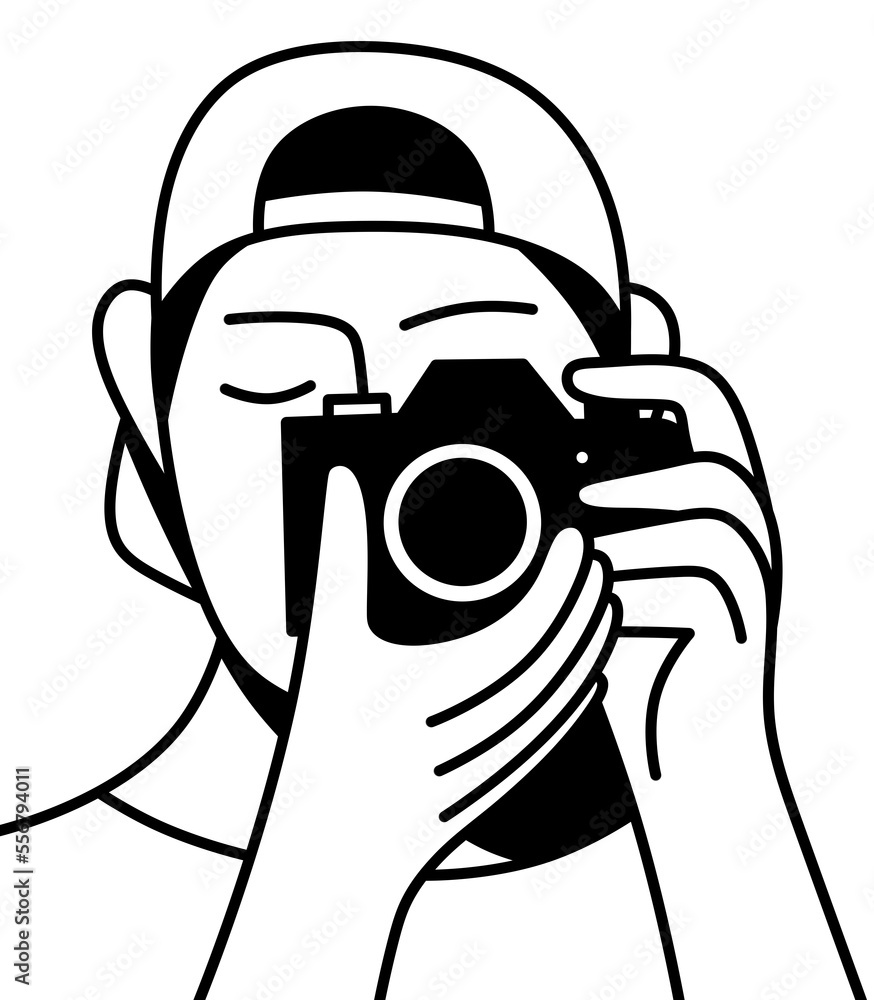 Drawn By Photographer. Isolated Illustration Of A Boy With A Camera 