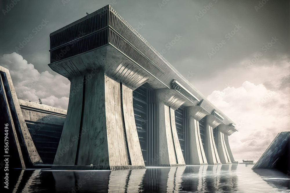 Fototapeta premium Architektonische Kolosalbauwerke Wellenkraftwerk Tsunami Wall Schutzwall Gigantische Haltesysteme Kraftwerk Alternative Generative AI Digital Art Background Hintergrund Illustration Brainstorming