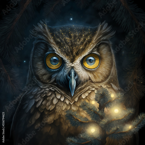 Beautiful wise owl in a fabulous winter forest on Christmas Eve. AI generated illustration