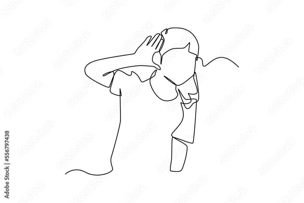 Continuous one line drawing Check your hearing. Positive girl kid holds her hand near her ear. Communication concept. Single line draw design vector graphic illustration. Continuous one line drawing Check your hearing. Positive girl kid holds her hand near her ear. Communication concept. Single line draw design vector graphic illustration.