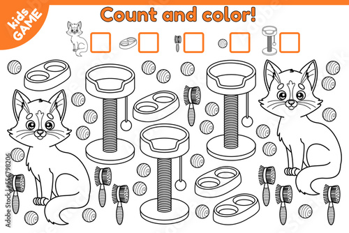 Counting game for preschool and school children. Math kids activity sheet. How many cartoon cats and accessories. Find, count and color. Coloring page with cartoon kitten. Vector illustration.