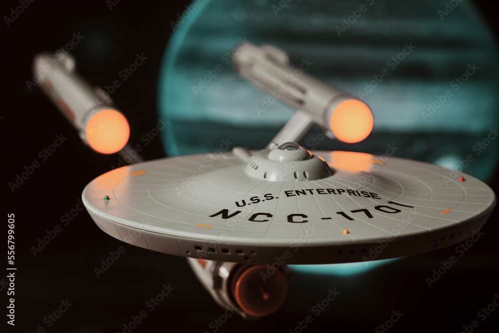 NEW YORK USA - JAN 8 2023 - Star Trek Federation starship USS Enterprise in  space, NCC 1701 - Star Trek Origins Enterprise Ship Stock Photo