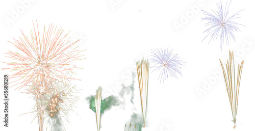 Isolated red yellow purple blue and white fireworks with smoke overlay