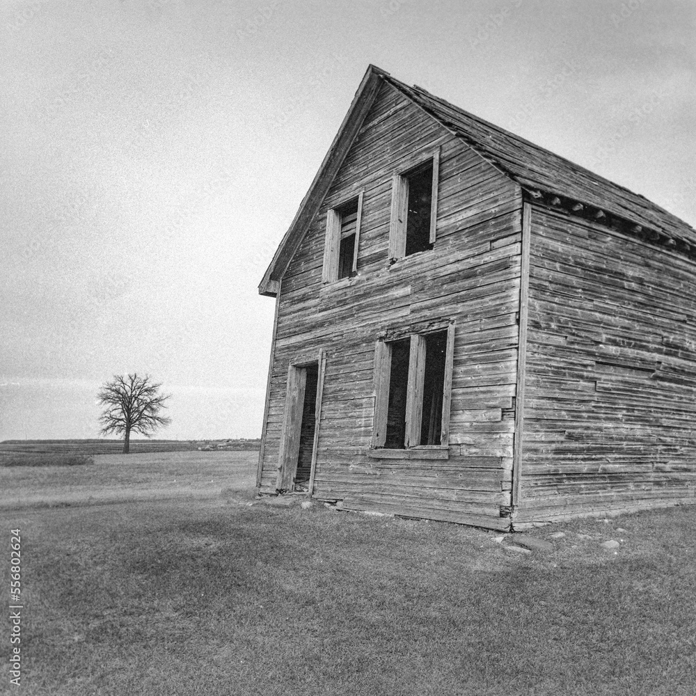 The shell of an old abandoned wooden farmhouse on the prairies; Manitoba, Canada The shell of an old abandoned wooden farmhouse on the prairies; Manitoba, Canada