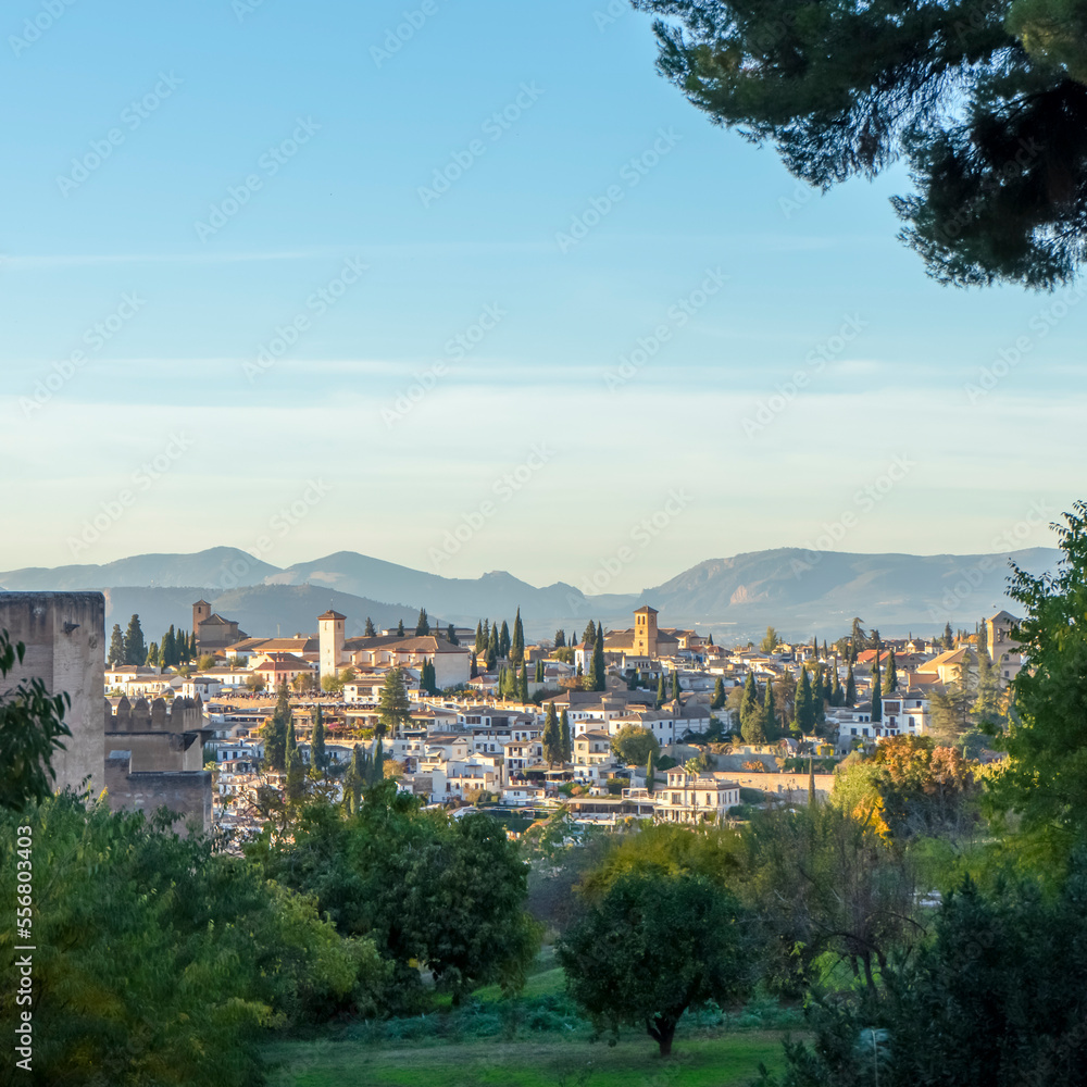 Cityscape from Alhambra on sunset in Granada, Spain on November 26, 2022
