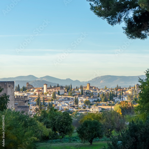 Cityscape from Alhambra on sunset in Granada, Spain on November 26, 2022 