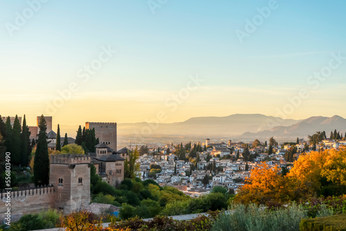 Sunset over ancieat arabic Alhambra in Granada  Spain on November 26  2022 