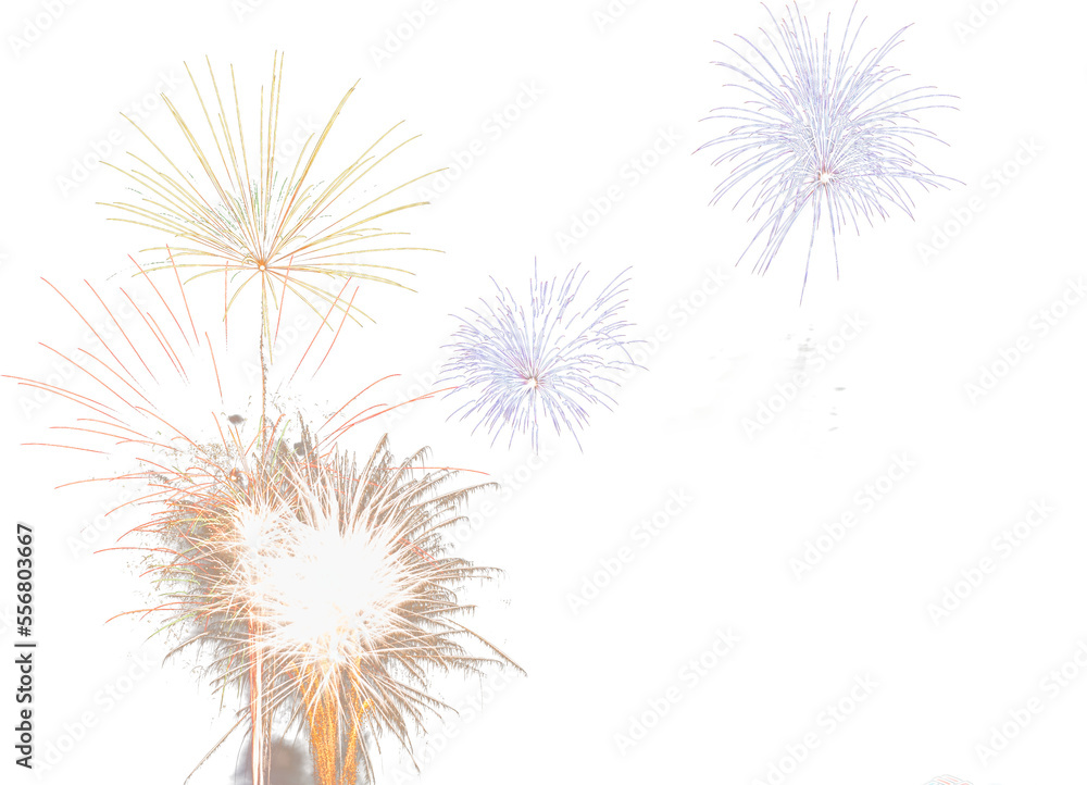 Isolated exploding purple, yellow, red and gold fireworks overlay