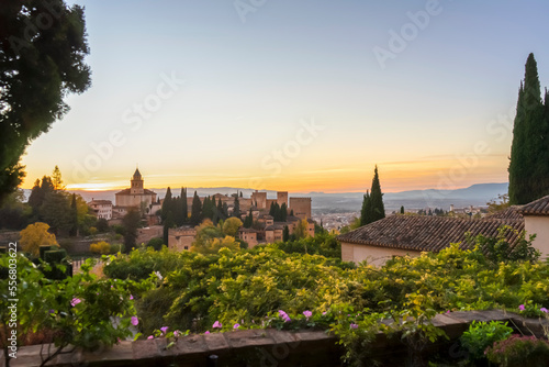 Sunset over ancieat arabic Alhambra in Granada, Spain on November 26, 2022
