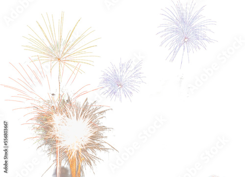 Isolated exploding purple  yellow  red and gold fireworks overlay