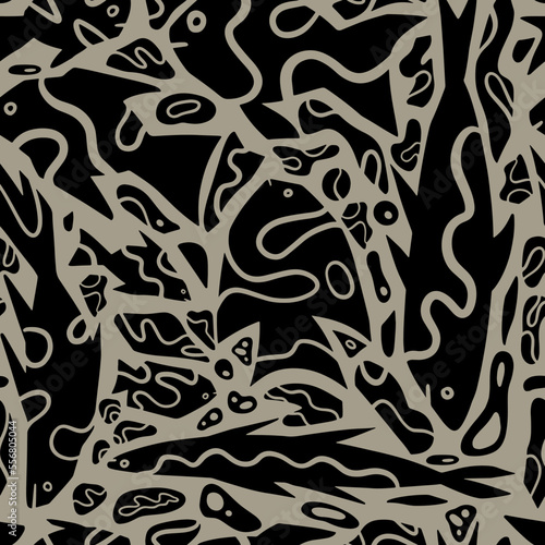 Abstract fishes simple geometric style ornament. Seamless pattern of underwater sea creatures in primitive art style. Hand drawn vector illustration.