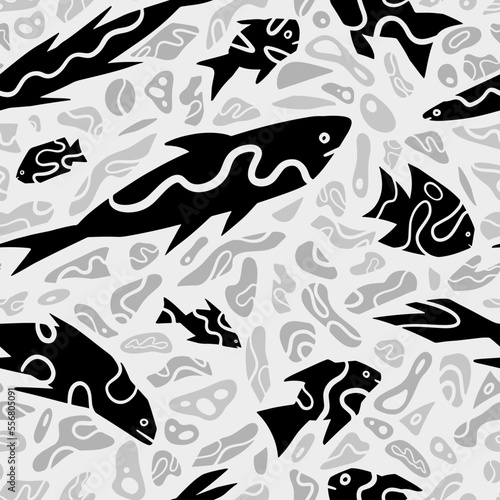 Abstract fishes simple geometric style ornament. Seamless pattern of underwater sea creatures in primitive art style. Hand drawn vector illustration. © Olga Sayuk