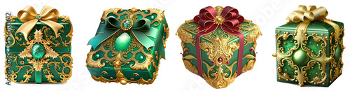 2023 new year present parcel set in green and gold, holiday event birthday gift package and gift box, transparent background, generative AI	