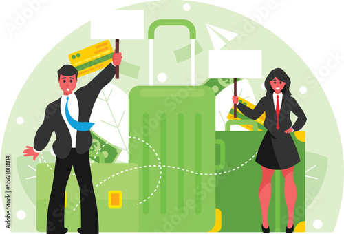 Meeting business partners at the airport. Business trip concept. Background with suitcase and hand luggage. Vector graphics