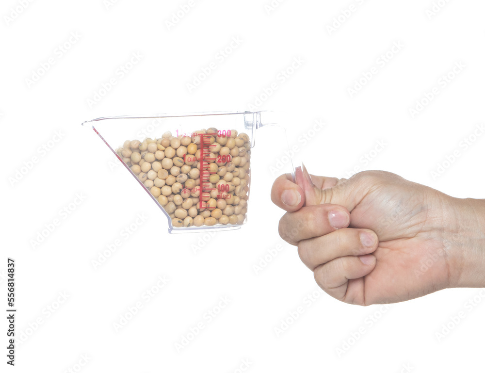 Soy Bean fall, yellow grain beans explode abstract cloud fly from measuring cup. Beautiful complete seed pea soy bean, food object design. Selective focus freeze shot white background isolated