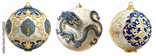 chinese dragon, blue dragon, year of the dragon, traditional Chinese ceramic ornament set in blue white and gold, decoration, transparent background, generative AI
