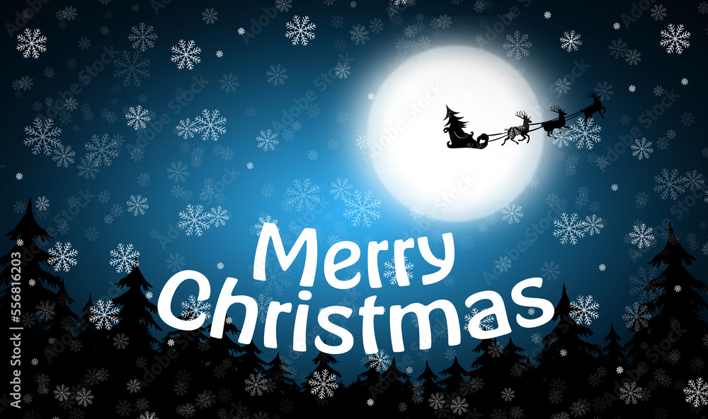 Merry Christmas. Reindeers pulling Santa's sleigh in sky on full moon night