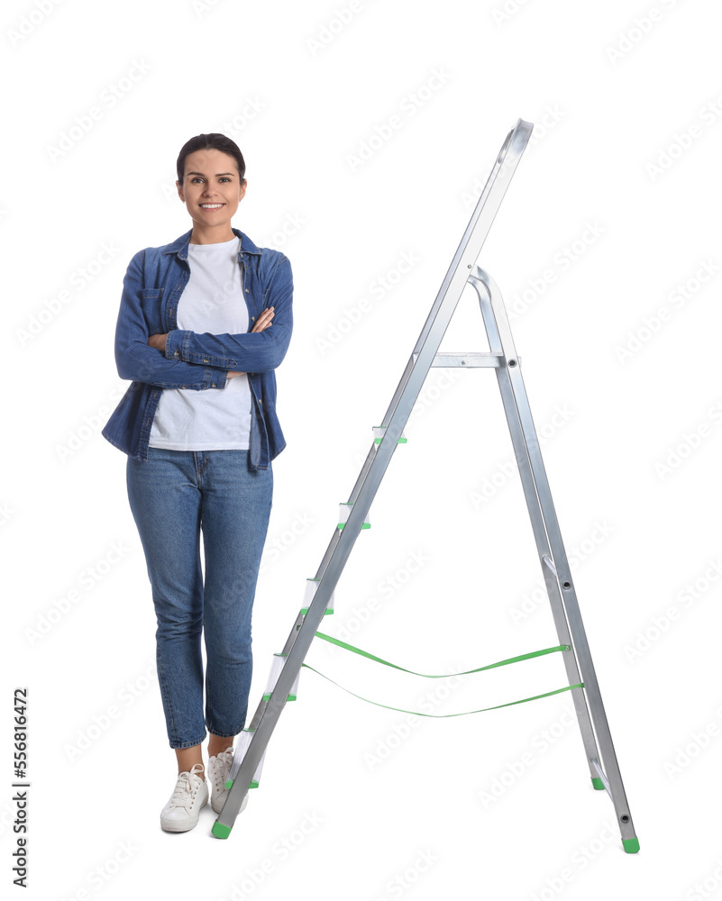 Young woman near metal ladder on white background Young woman near metal ladder on white background