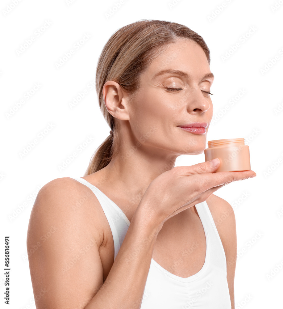 Woman with jar of body cream on white background Woman with jar of body cream on white background