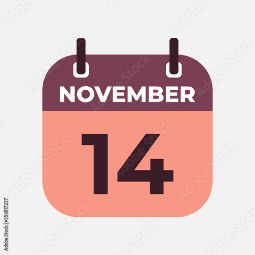 November 14 flat daily spiral calendar icon date vector image in matching color scheme. Suitable and perfect for design material, such as event or reminder.