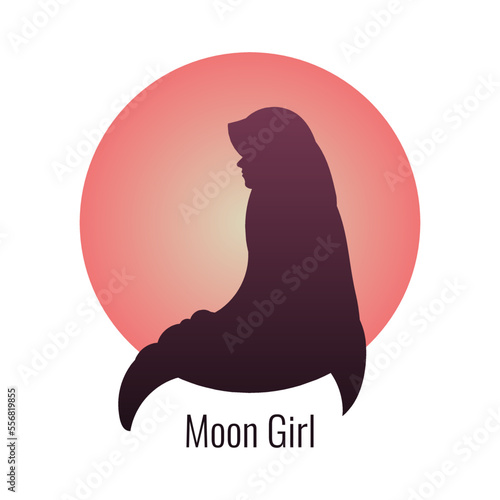 Moon Girl Logo Vector. Purple silhouette illustration of hijab girl sitting in front of super blood moon. Islamic icon concept in trendy design style. Suitable for various purposes.