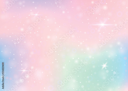 Holographic background with rainbow mesh. Girlish universe banner in princess colors. Fantasy gradient backdrop with hologram. Holographic unicorn background with fairy sparkles, stars and blurs. photo