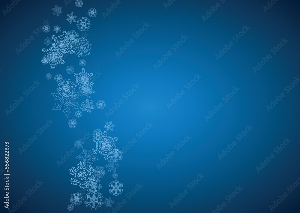 New Year snowflakes on blue background with sparkles. Horizontal Christmas and New Year snowflakes falling. For season sales, special offer, banners, cards, party invites, flyer. White frosty snow New Year snowflakes on blue background with sparkles. Horizontal Christmas and New Year snowflakes falling. For season sales, special offer, banners, cards, party invites, flyer. White frosty snow